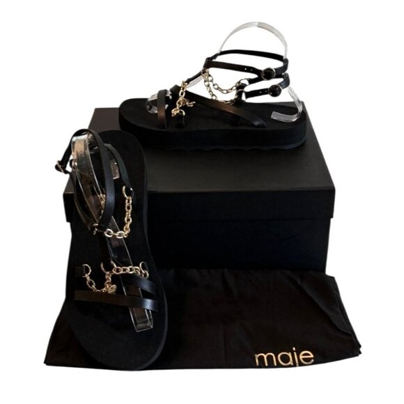 MAJE Frankie Black Gold Chain And Charm-Embellished Leather Sandals Size 9 - Picture 8 of 9